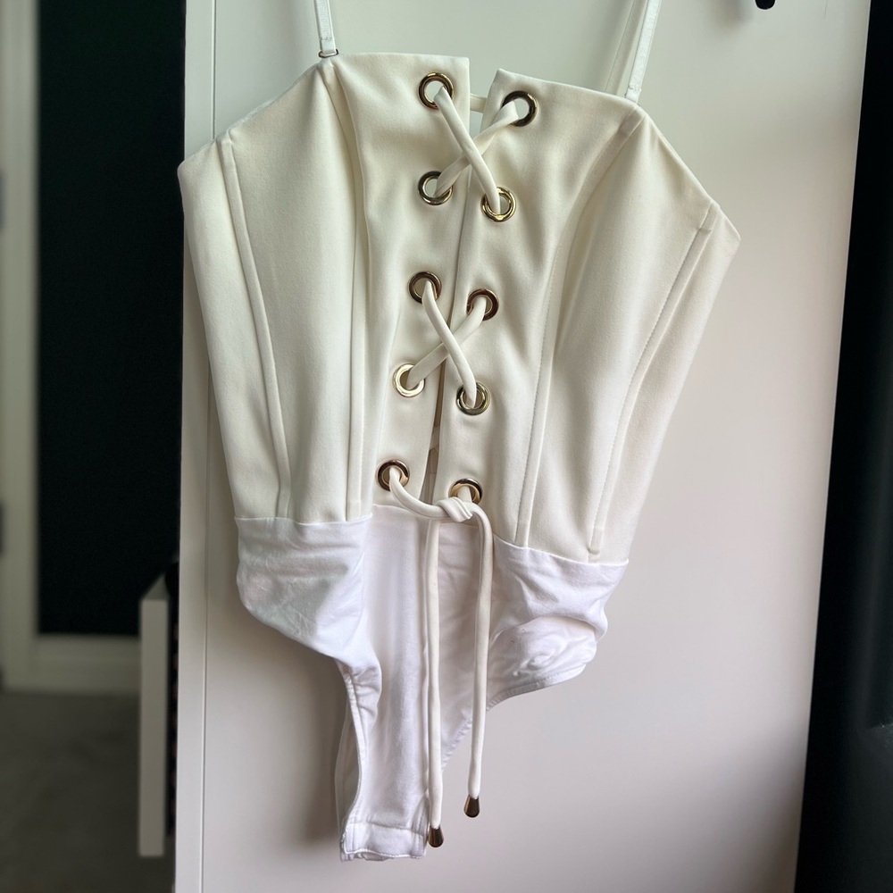 NBD White Lace-Up Bodysuit